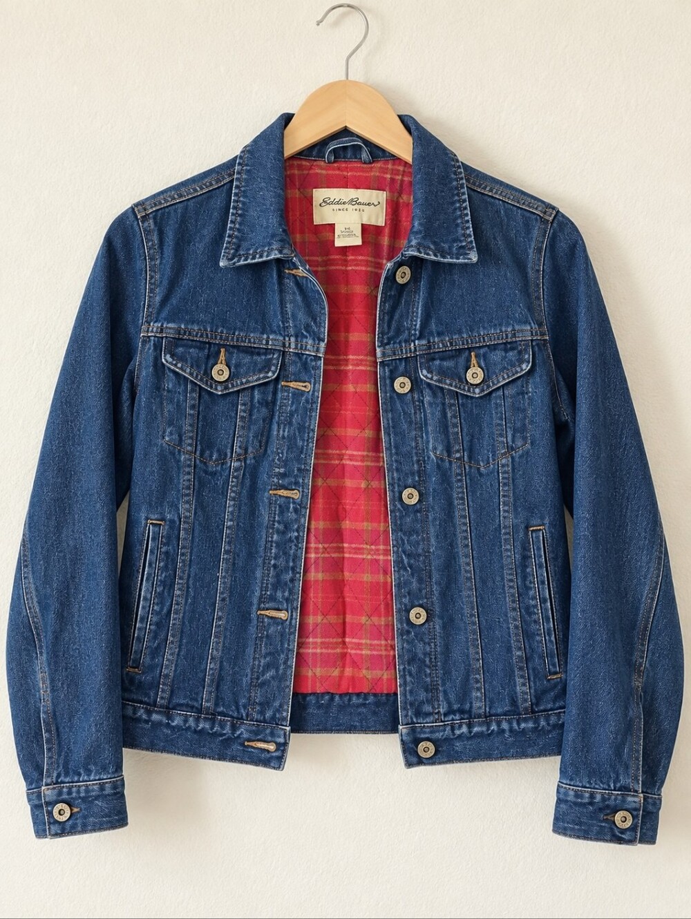 Eddie Bauer Women’s XS Flannel Lined Denim Jacket Blue Pink Plaid Vintage